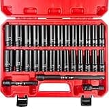 EACELIY 29pcs 1/2" Socket Set, Drive Deep Impact Socket Set, Including 3 ", 5", 10" Impact Extension Bar, Standard SAE (3/8 "- 1") and Metric (10mm-24mm), Cr-V Steel