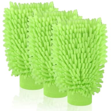 Mkobon 3 Pack Chenille Microfiber Car Wash Mitt, 7" x 9.6" Car Washing Mitts, Home Dusting Gloves, Scratch Free Lint-Free, Highly Absorbent, Double Sided, for Cleaning Detailing Polish (Green)
