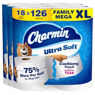 Charmin Ultra Soft Cushiony Touch Toilet Paper, 18 Family Mega XL = 126 Regular Rolls, 2-Ply, White