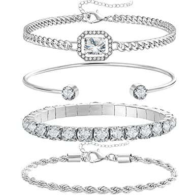 17IF 4 Pcs Dainty Silver Bracelets Set for Women 14K Plated Link Cubic Zirconia Paperclip Stack Layering Chain Adjustable Trendy Hand Jewelry (Silver)