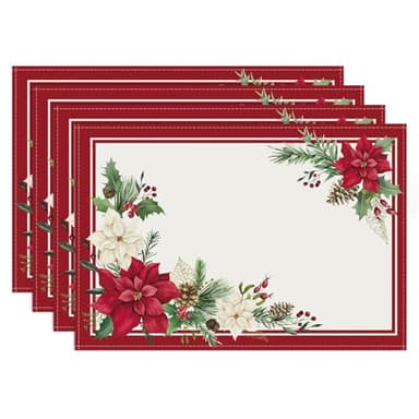 Bonhause Christmas Poinsettia Placemats Set of 4, 12x18 Inch Winter Holiday Kitchen Dining Table Mats Washable Place Mats for Indoor Outdoor Home Party Décor