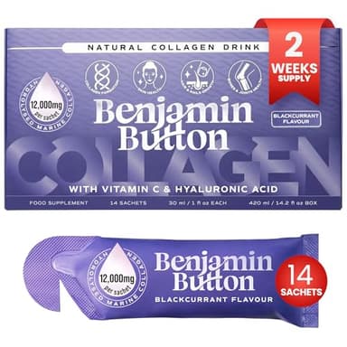 Benjamin Button 12,000mg Marine Collagen Liquid Shots| Hydrolyzed Marine Collagen Peptides w/Hyaluronic Acid & Vitamin C for Skin, Hair & Joints | Berry Black Currant Flavor, 14 Servings 30ml