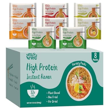 VOLO VERO Protein (32g) Ramen Variety Pack - Chicken, Spicy “Beef, Kimchi, Curry”, 8 Packs Instant High Protein Ramen Noodles Soup, Plant-Based, Non-Fried, Vegan, Low Fat, Egg & Dairy Free Healthy Meal