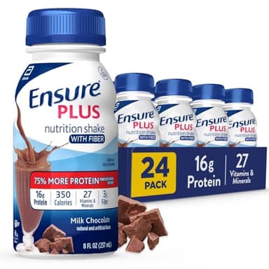 Ensure Plus Milk Chocolate Nutrition Shake with Fiber | Meal Replacement Shake | Ready to Drink | 16g Protein and 27 Vitamins and Minerals | 8 fl oz - 24 Pack