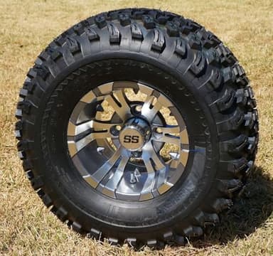 10" Vampire Gunmetal Golf Cart Wheels and 22x11-10 All Terrain Golf Cart Tires - Set of 4