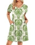 HOTOUCH Summer Sundress Womens Ladies Casual Loose House Dresses Petite Tshirt Cotton Tunic Dress with Pockets Green Print 2 M
