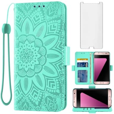 Asuwish Phone Case for Samsung Galaxy S7 with Tempered Glass Screen Protector and Flower Leather Wallet Flip Cover Credit Card Holder Stand Cell Accessories S 7 7s GS7 SM-G930V G930A Women Men Green