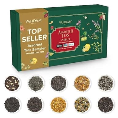 VAHDAM Top 10 Favourites Tea Sampler Set | Loose Leaf Tea (50+ Cups) | Tea Variety Pack with Green, Herbal, Black & Chai Brew | Vacuum Sealed For Freshness | Brew Hot & Cold