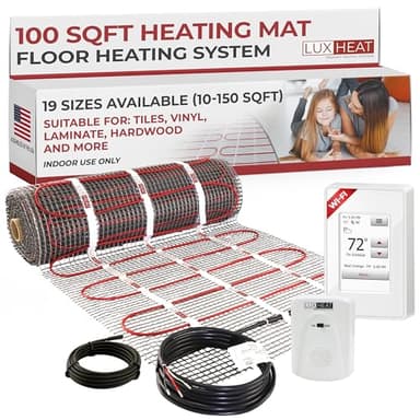 LuxHeat 100sqft Floor Heating Mat Kit - 120v Under Floor Heater Mat - Electric Radiant Heated Flooring System for Tile & Laminate - Includes UWG4 WiFi Programmable Thermostat w/GFCI, Alarm & Sensor