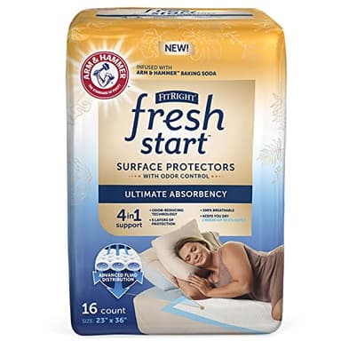 FitRight Fresh Start Disposable Underpads 23" x 36" (16 Count) Bed Pads for Incontinence, Absorbent Chucks Pads with The Odor-Control Power of ARM & Hammer (16 Count, Pack of 1)