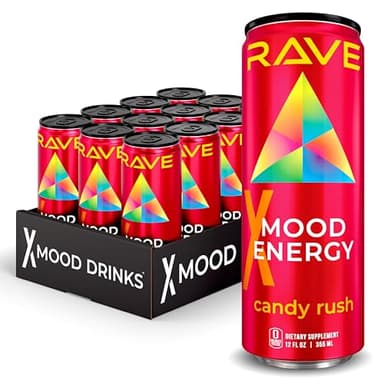 RAVE Mood Energy Drink is Mind Blowingly Different. With Mood-Boosting Functional Mushrooms, Nootropics, Adaptogens & B Vitamins. Experience Mind & Body Rush! 225mg Caffeine - Electrolytes - Zero Calories - Delicious Candy Rush Flavor - 12 fl oz – 12 Pack