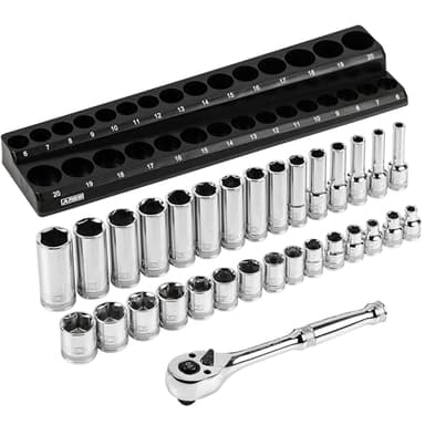 ARES 47004-32-Piece 3/8-inch Drive Metric Socket and 90-Tooth Ratchet Set with Magnetic Organizer - Sizes 6mm to 20mm Deep and Shallow Sockets