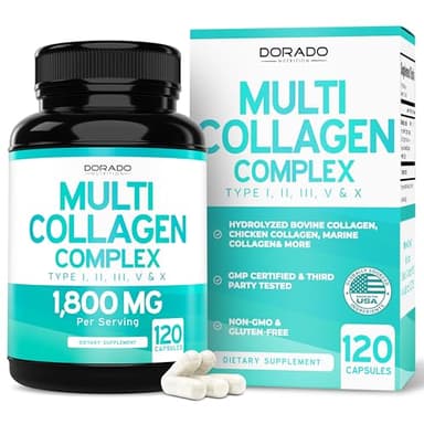 Multi Collagen Pills for Women & Men (120 Capsules) Type I, II, III, V and X - Pure Hydrolyzed Collagen Peptides Supplement - Hair, Skin, Nails & Joint Support - 3rd Party Tested, Non GMO & USA Made