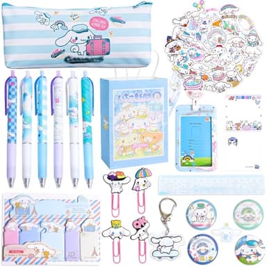 Cute School Supplies, Kawaii Stationery Set with Pencil Case, Ruler, Ball Pens, Stickers, Keychain, ID Badge Holder, Stationery Gifts for Women, Teen Girls, Cute or Kawaii Lovers, Students