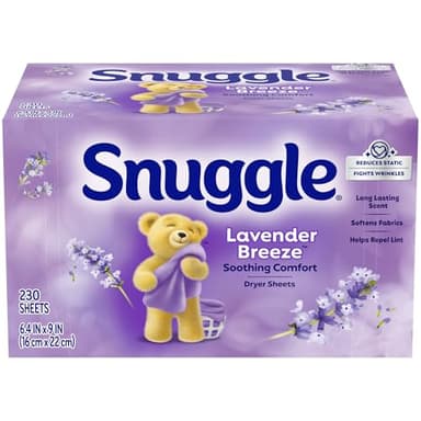 Snuggle Fabric Softener Dryer Sheets, Lavender Breeze Soothing Comfort, 230 Ct, Long-Lasting Fresh & Clean Scent, Softens Fabric, Reduces Static, Fights Wrinkles, Helps Repel Lint & Pet Hair, HE Safe