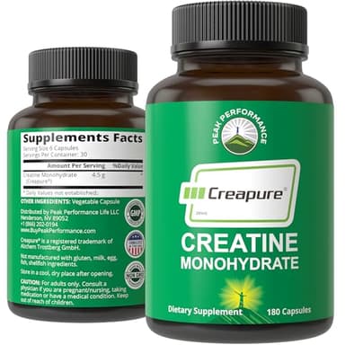 Creapure Creatine Monohydrate 180 Capsules - Ultra High Purity German Made Creatine with Nothing Added at All - Pure Unflavored Pills for Men & Women - No Sugar, Non-GMO, Vegan Friendly Supplement