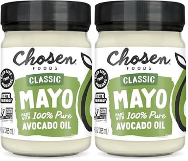 Chosen Foods 100% Avocado Oil-Based Classic Mayonnaise, Gluten & Dairy Free, Low-Carb, Keto Diet Friendly, Mayo for Sandwiches, Dressings and Sauces, Made with Cage Free Eggs (12 fl oz) (Pack of 2)