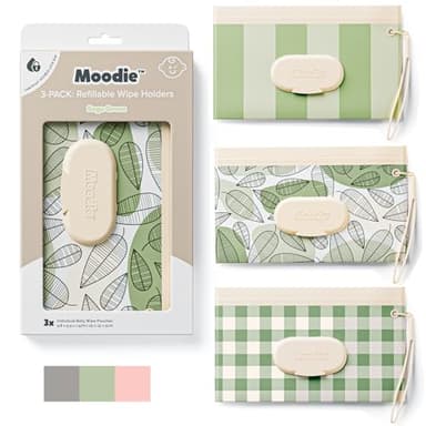 NEW 3 PACK Baby Wipes Holder | Refillable Wipes Container w/DOUBLE-LOCK SEAL |Travel Wipe Case | Portable Wipe Dispenser for Diaper Bag w Silicone Strap | Reusable Wipes Pouch (SAGE GREEN) by Moodie