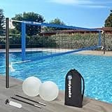 Olybeaka Base Free Pool Volleyball Net Set with 15-26 ft Length Adjustable, 3 Heights Adjustable Outdoor Volleyball Set for Pool with 2 Volleyballs and Carry Bag