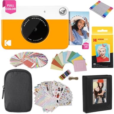 KODAK Printomatic Full-Color Instant Print Digital Camera Colorful Photos On Zink 2x3" Sticky-Back Photo Paper 5MP Gift Bundle: Case + Zink 2x3" 20pk + Album + Stickers + Frames + Markers - Yellow