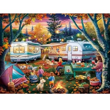300 Piece Puzzle for Adult,Fall RV Camping Puzzle for Kids Adults Seniors,Jigsaw Puzzle with Moon Campfire Night for Kids Ages 8-10 10-12,Challenging Family Game Gifts for Friends Men Women,20.5*15In