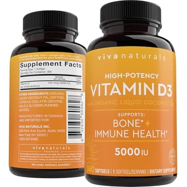 Viva Naturals Vitamin D3 5000 IU Softgels, 360 Count (125 mcg), Supports Bone & Immune Health, High Potency Vitamin D