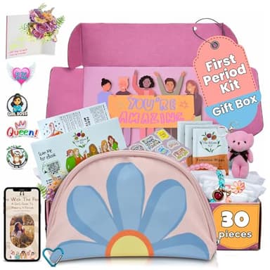 The Bloom First Period Kit for Girls 9-10-12-14 for School, Menstrual Starter Kit Gifts for Teens Girls Includes Sanitary Napkin Storage Bag, Pads, Wipes, Ebook, Period Tracker, Pink (30-PC)