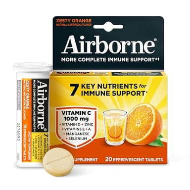 Airborne 1000mg Vitamin C With Zinc Effervescent Tablets, Immune Support Supplement With Powerful Antioxidants Vitamins A C & E - 20 Fizzy Drink Tablets, Zesty Orange Flavor