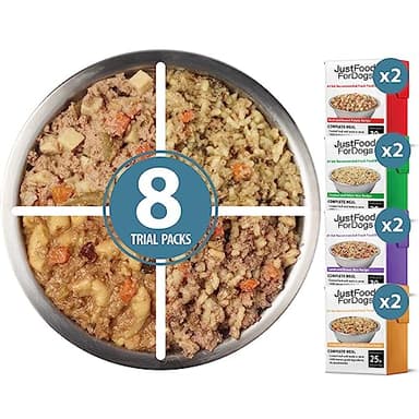 JustFoodForDogs Pantry Fresh Dog Food Variety Pack, Complete Meal or Topper, Beef, Chicken, Turkey, & Lamb Human Grade Recipe - 12.5 oz (Pack of 8)