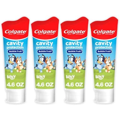 Colgate Kids Bluey Toothpaste with Fluoride for Cavity Protection, Ages 2+, ADA Accepted, Sugar Free and Gluten Free, Bubble Fruit Flavor, 4 Pack, 4.6 Oz Tubes
