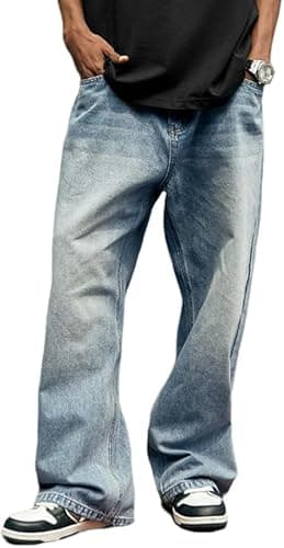 HUNGSON Mens Baggy Jeans for Men Women Y2k Skater Vintage Plain Pants Casual Wide Leg Jeans Loose Fit Denim Jeans Light Blue