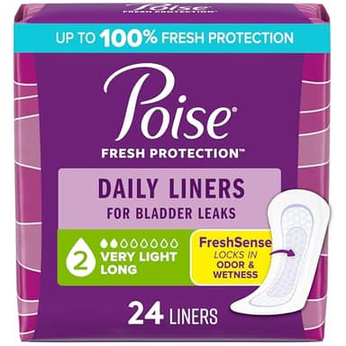 Poise Daily Liners, Incontinence Panty Liners for Bladder Leaks, 2 Drop Very Light Absorbency, Long Length, 24 Count of Pantiliners, Packaging May Vary