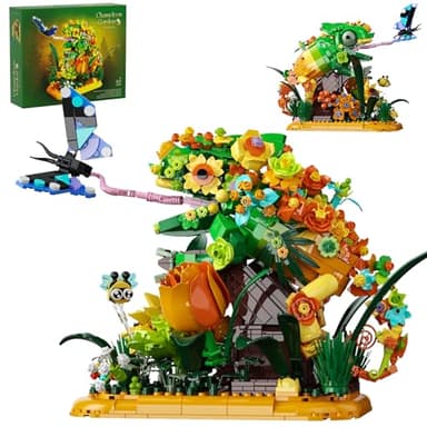 Chameleon Garden Bonsai Building Set, 1092PCS Nature Inspired MOC Flowers & Insects STEM Kit Compatible with Lego Animal, Stunning Desk Decor for Home/Office, Building Blocks for Kids Adults Aged 12+