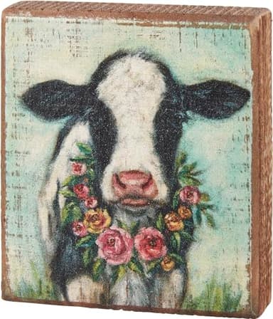 Primitives by Kathy Home Décor Block Sign - Calf with Wreath Holiday Block Sign, Wood, 3.5 x 4 x 1-inch