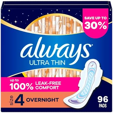 Always Ultra Thin Overnight Pads with Wings, Size 4, Overnight, 96 Count (3 Packs of 32)