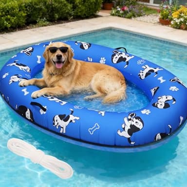pdpdoc 61"x 43" Dog Pool Float Raft with Handle & Rope, Heavy Duty Inflatable Pet Float for Small Medium Large Dogs Up to 150 Lbs, Dog Floaties for Pool, Beach, Lake, River (Blue)