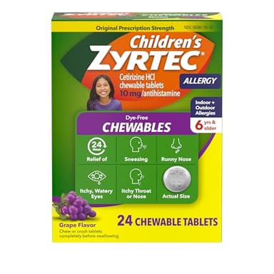 Zyrtec Children's Dye-Free Chewables for 24 Hour Allergy Relief, 10 mg Cetirizine Hydrochloride Antihistamine Tablets, Kids Allergy Medicine Relieves Sneezing & Itchy Throat, Grape, 24 ct