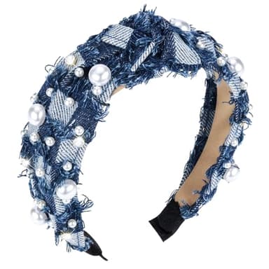 PLwelth Denim Pearl Headband for Women Girls Kids Knotted Headband Sparkle Rhinestone Jeweled Knotted Hairband Non Slip Embellished Wide Top Knot Hairband for Thin Thick Long Short Hair Accessories