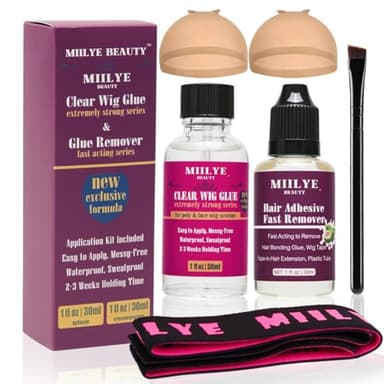 Clear Wig Bond Glue 1oz/30ml With Band, Caps |Swimming Allowed| Waterproof for Front Lace, Extremely Strong Hold, Install Kits (1oz Glue+1oz Remover)