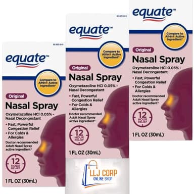 Equate Nasal Spray Original 12 Hour, Max Strength, 1 Fluid Ounce, Pack 3 Bundle with LLJ Corp Sticker., Small