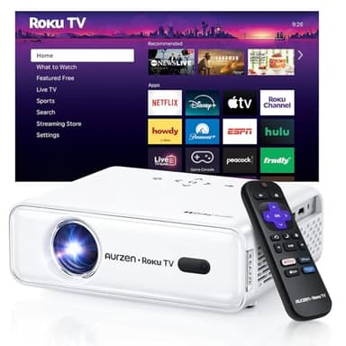 Aurzen Roku TV Smart Projector with Wifi and Bluetooth, Roku Streaming Experience Built-in, 1080P FHD, Dolby Audio, Auto Focus & Keystone, Zoom, Movie Portable Outdoor Mini Projector, White