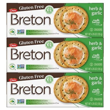 Breton Gluten Free Herb & Garlic Crackers (Pack of 3) - Non-GMO, Plant-Based, For Snacking, Dips, Cheese and Spreads, 3x4.76oz