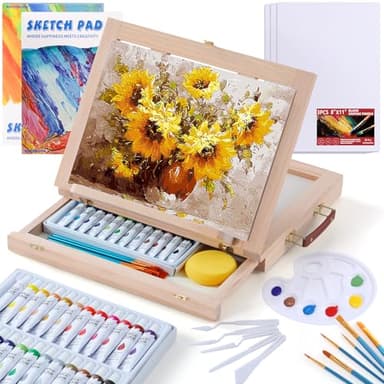 Wooden Tabletop Art Easel Set for Painting, 54 Pieces Starter Acrylic Paint Set with 24 Colors Acrylic Paints, Canvases, Sketch Pads, Brushes and Palette for Beginners Young Artists and Adults