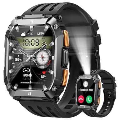 Smart Watches for Men, 1.95'' Fitness Watch: Waterproof Military Smart Watch with 100 Days Battery Life/Call/Flashlight/Sleep/SpO2/Heart Rate Monitor/Step Tracker, Sport Smartwatch for Android iPhone