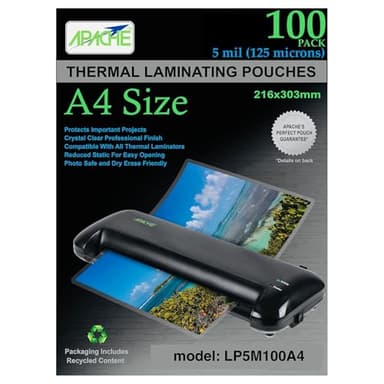 Apache 100 Pack Laminating Pouches 5 mil, Holds 210 x 297 mm A4 Size (216 x 303 mm Sheets), Office and School Supplies, Thermal Laminating Sheets, Super Clear, Round Corner