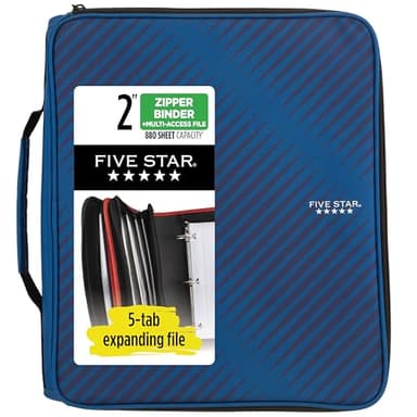Five Star Zipper Binder, 2 Inch 3-Ring Binder with Round Rings, 5-Tab Expanding File, 380 Sheet Capacity, Cobalt Blue (72534)