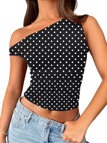 Trendy Queen Women's Off The Shoulder Tank Top, Sleeveless Stretchy Going Out Crop Top, Y2K Fashion T-Shirt for Summer BlackDots XL