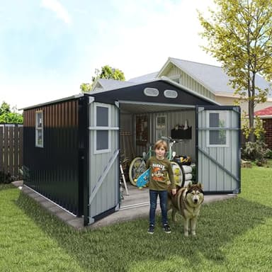YOPTO 8x8 SF Outdoor Storage Shed,Metal Shed with Lockable Doors & 4 Daylight Windows,Garden Tool Shed w/Air Vents & Sloped Roof, Ideal for Backyard,Patio,Lawn,Dark Gray
