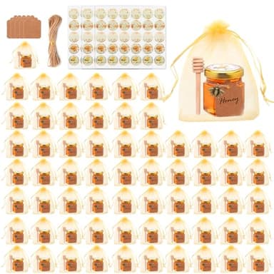Woaiwo-q 64pack 1.5oz Mini Honey Jars（Gold Lids）, Glass Hexagon Honey Jars with Dippers,Cute Stickers,Bee Pendants,Gift Bags and Jute for Wedding Favors,Baby Showers,Party Favors,Birthdays & Jams