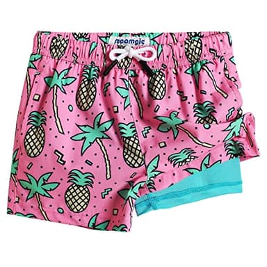 maamgic Boys Swim Trunks with Compression Liner Toddler Stretch Swim Shorts Quick Dry Swimming Trunks Boxer Brief 2 in 1 Beach Shorts Rose Coconut 5/6